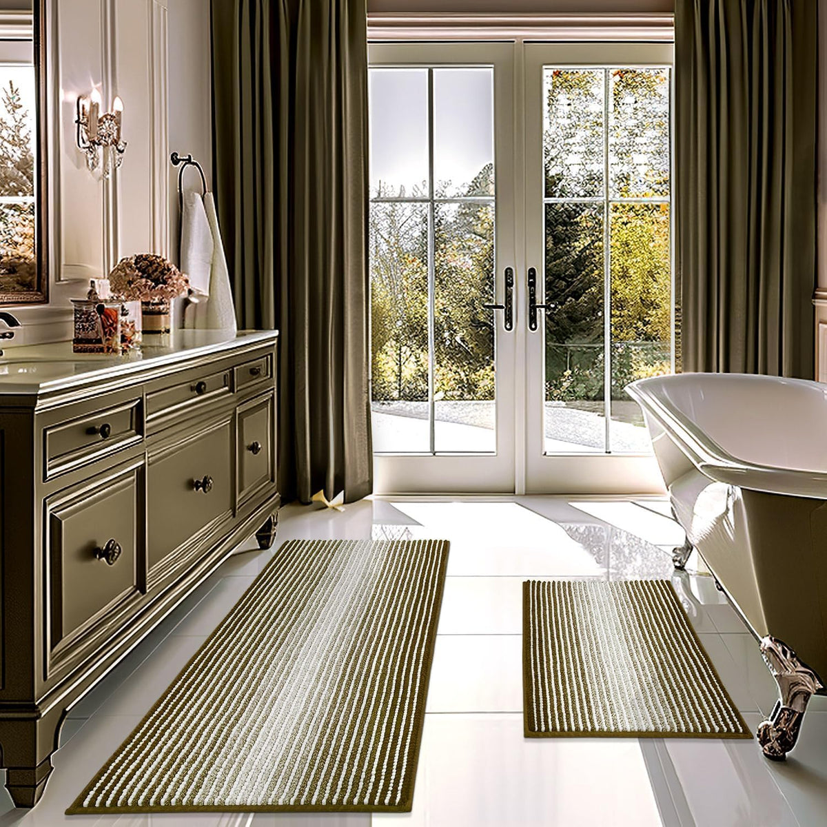 BSICPRO Bathroom Rugs Sets 2 Piece, Non Slip Striped Bath Mats, Aqua Green