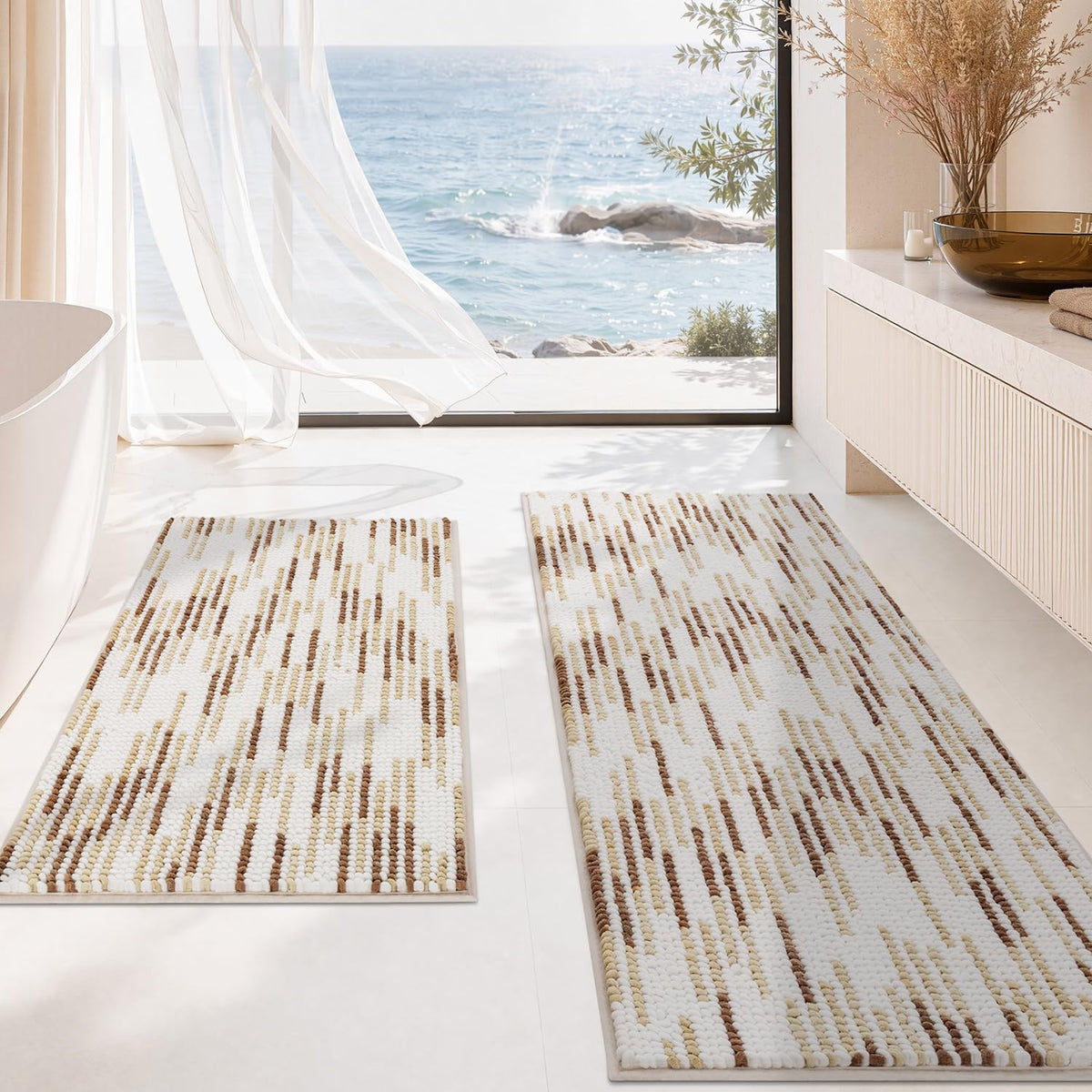 BSICPRO Bathroom Rugs Sets 2 Piece, Non Slip Boho Bath Mats, Beige