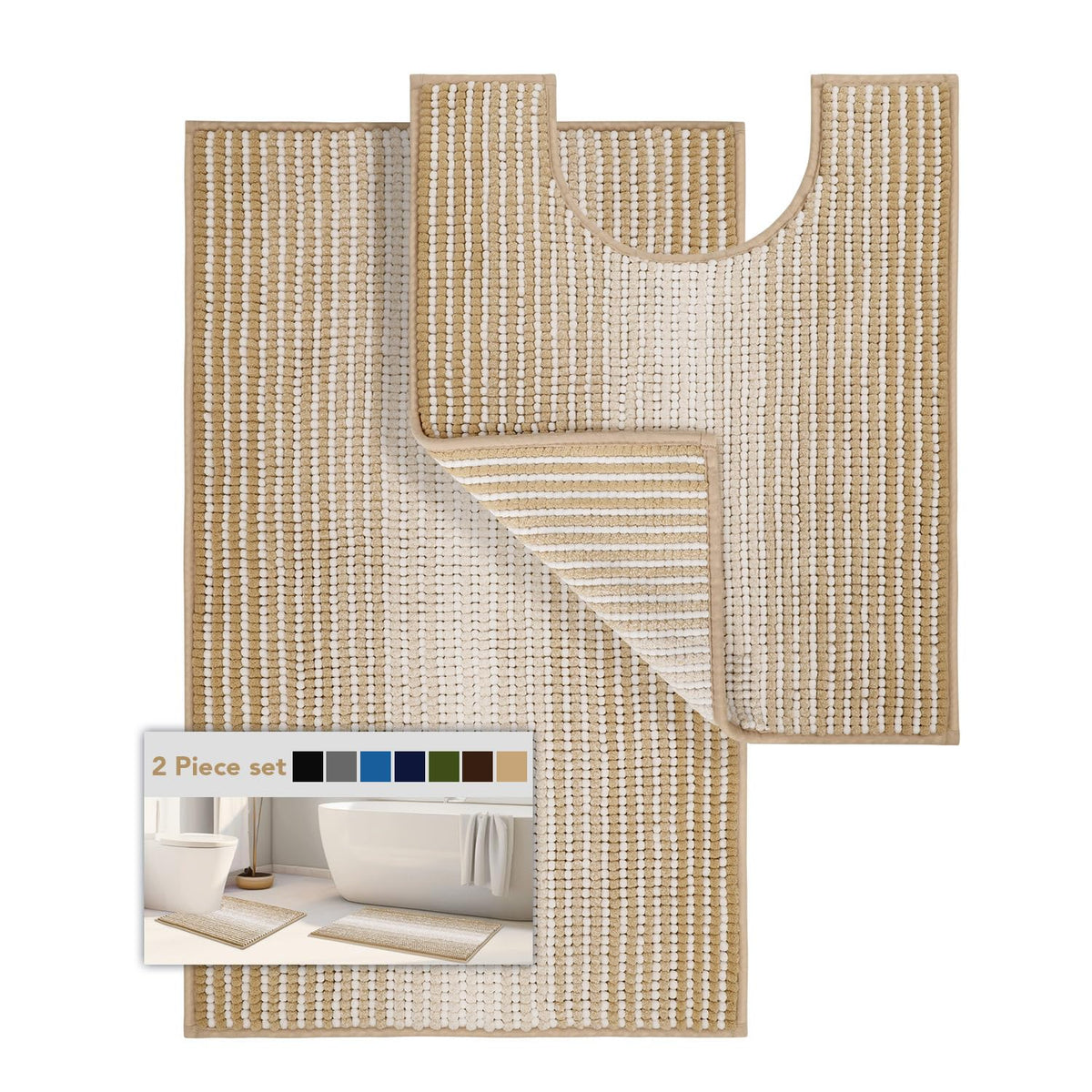 BSICPRO Bathroom Rugs Sets 2 Piece, Non Slip Boho Bath Mats, Beige