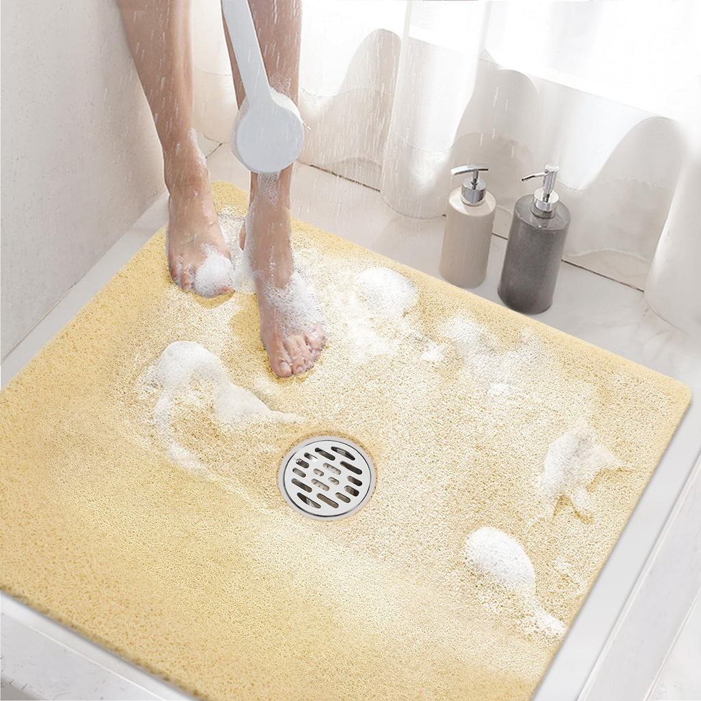 HITSLAM Square Shower Mat, 24 x 24 Inch Non Slip Bath Mat for Tub, Soft PVC Loofah Bathtub Mats with Drain Holes, Quick Drying Bathroom Stall Floor Mat, Bathroom Accessories Without Suction Cup, Grey