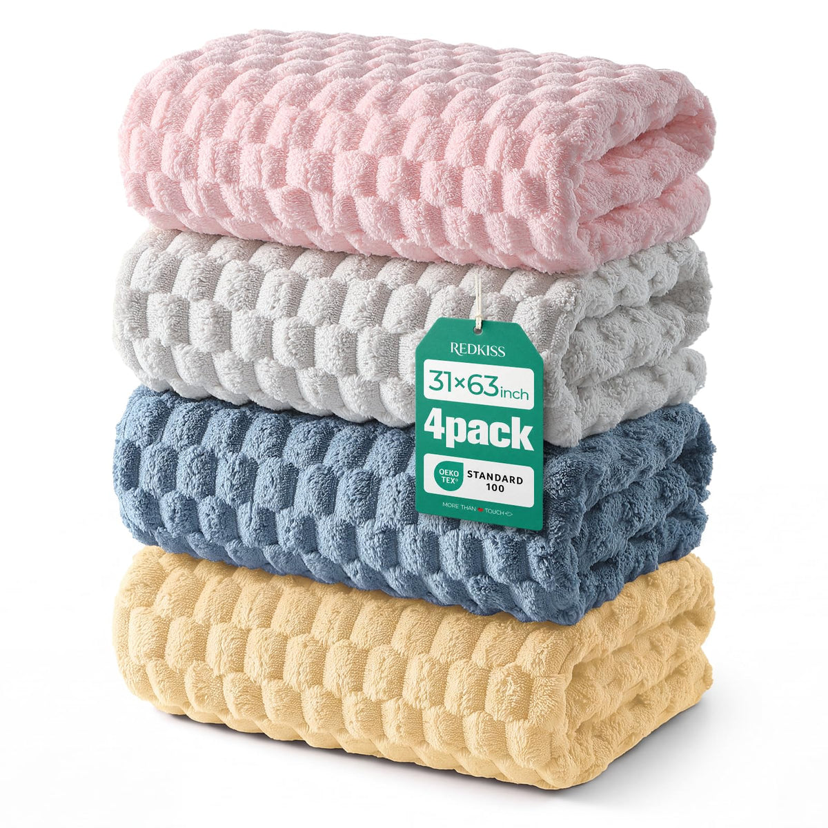 REDKISS 4 Pack Microfiber Bath Towels - Extra Large, Super Absorbent, Quick Dry Waffle Towels Set for Bathroom, Spa, Gym, and Travel - Luxury, Plush, 4 Multicolor