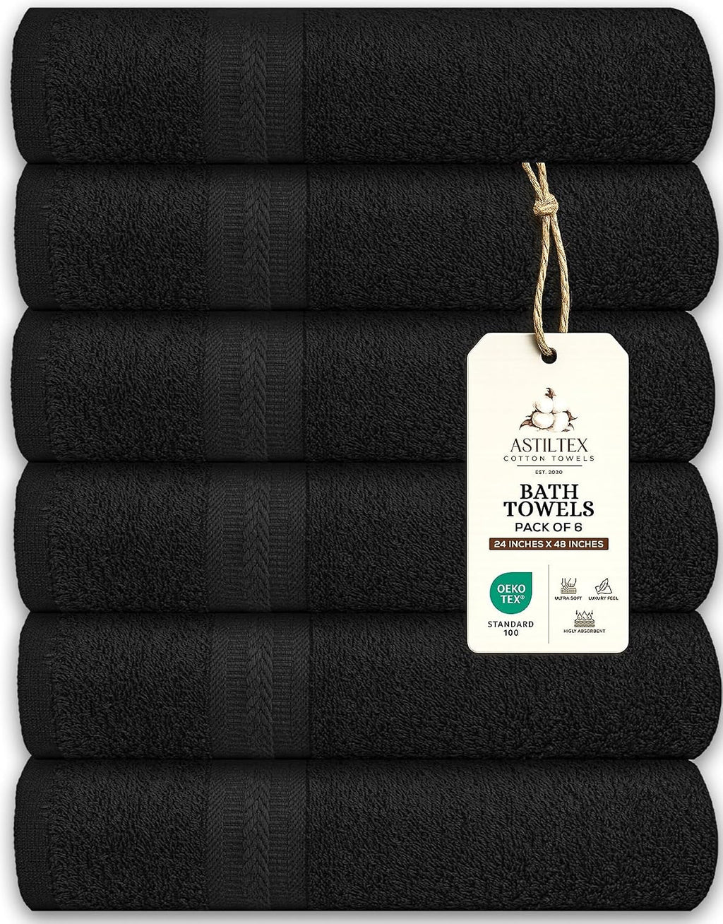 Bath Towels Pack of 6 – 24" x 48" – 100% Cotton Terry, Soft, Quick-Dry & Highly Absorbent – Black Towels for Bathroom, Spa, Gym, Hotel, Pool & Everyday Use