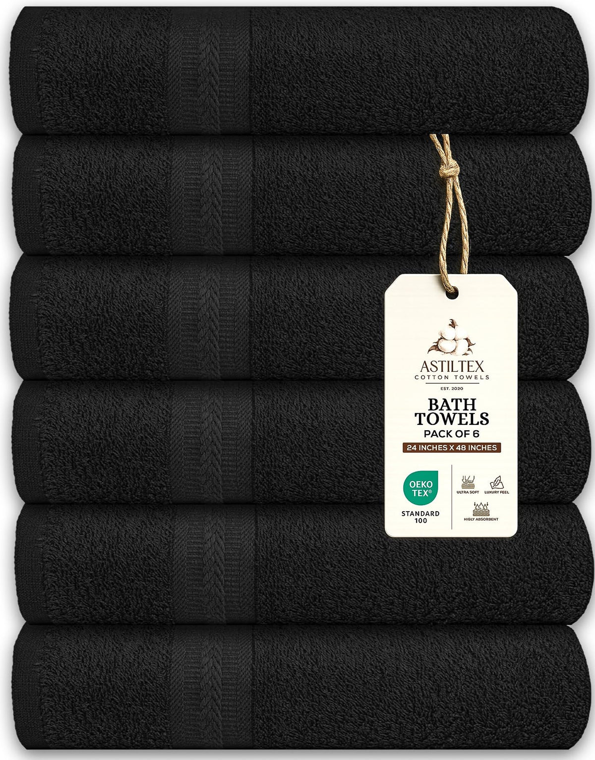 Bath Towels Pack of 6 – 24" x 48" – 100% Cotton Terry, Soft, Quick-Dry & Highly Absorbent – Black Towels for Bathroom, Spa, Gym, Hotel, Pool & Everyday Use