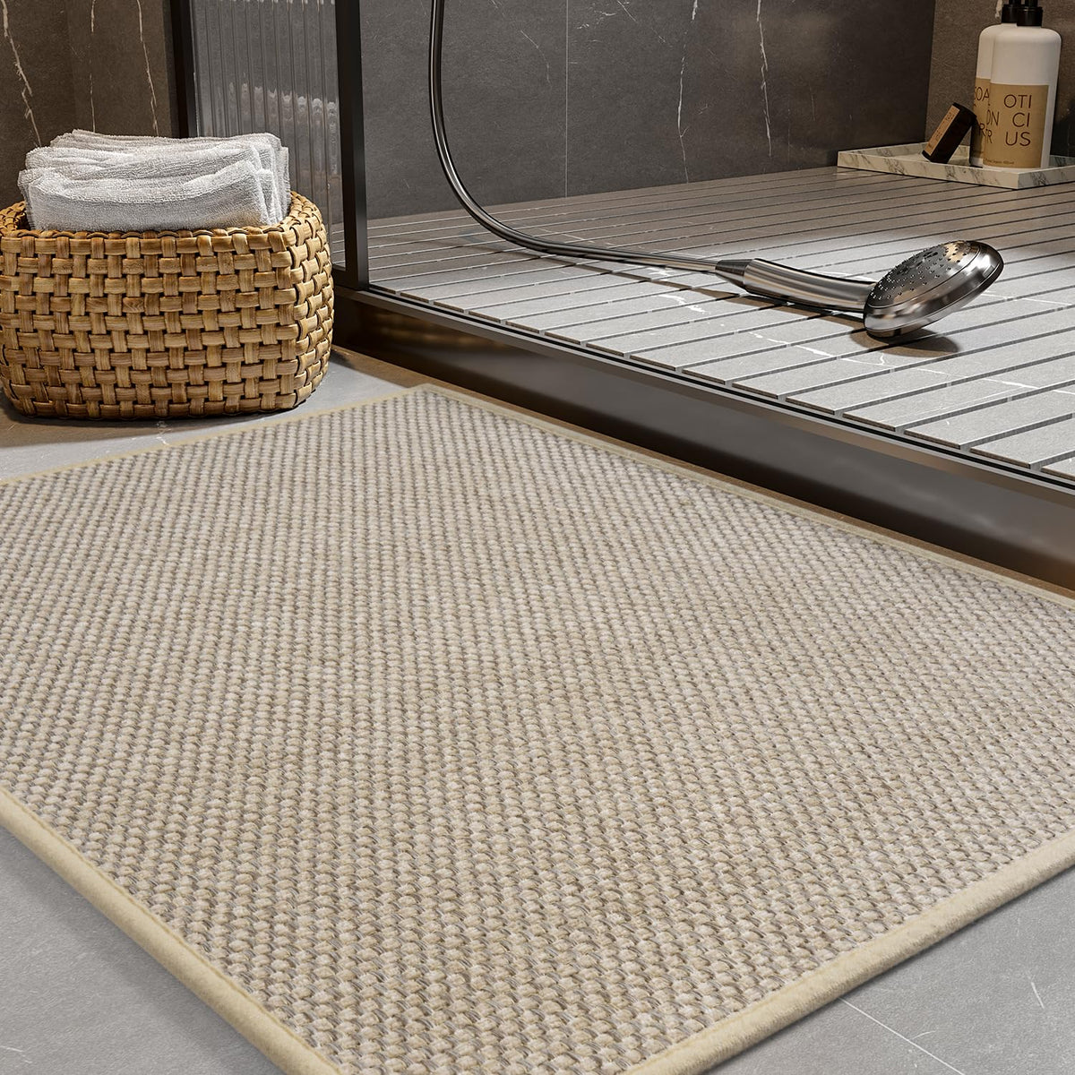 PADOOR Non-Slip Bath Mat With Rubber-Backing, Braided Absorbent Machine Washable Thin Rug for Bathroom Floor, Quick Dry, Fits Under Door, 17''x24'' Beige