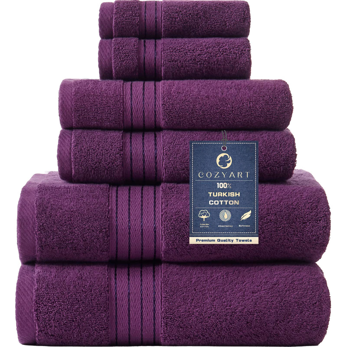 COZYART Luxury Bath Towel Set 6 Pcs, Dark Green 100% Turkish Cotton 650 GSM