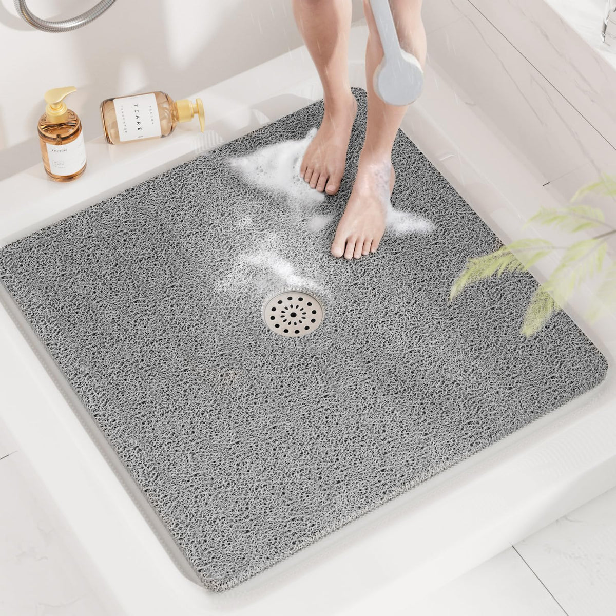 HITSLAM Square Shower Mat, 24 x 24 Inch Non Slip Bath Mat for Tub, Soft PVC Loofah Bathtub Mats with Drain Holes, Quick Drying Bathroom Stall Floor Mat, Bathroom Accessories Without Suction Cup, Grey