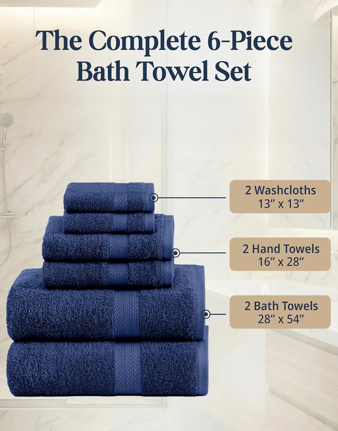 LANE LINEN Bath Towel Set Absorbent Quick Dry 100% Cotton 6 Piece - Navy