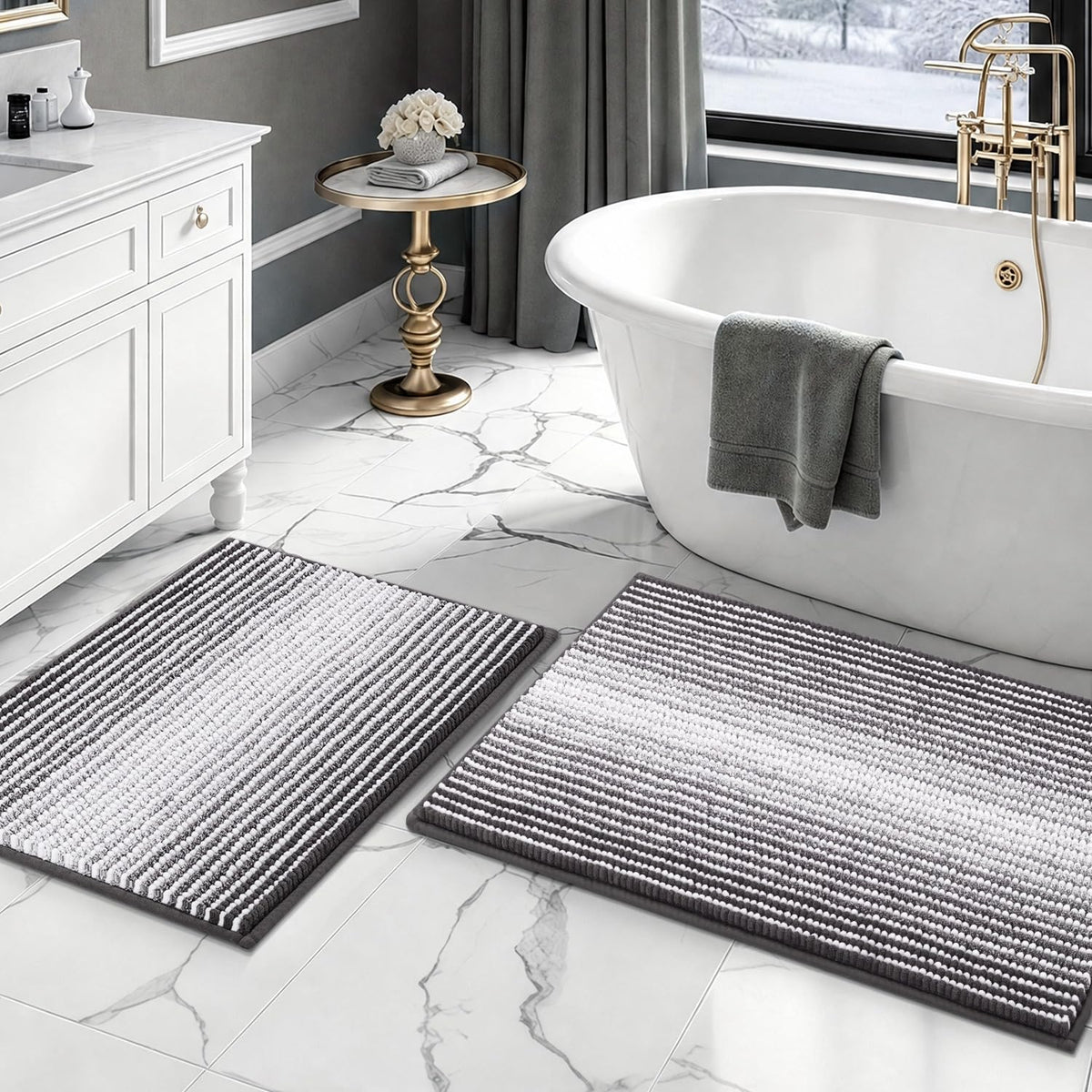 BSICPRO Bathroom Rugs Sets 2 Piece, Non Slip Striped Bath Mats, Aqua Green