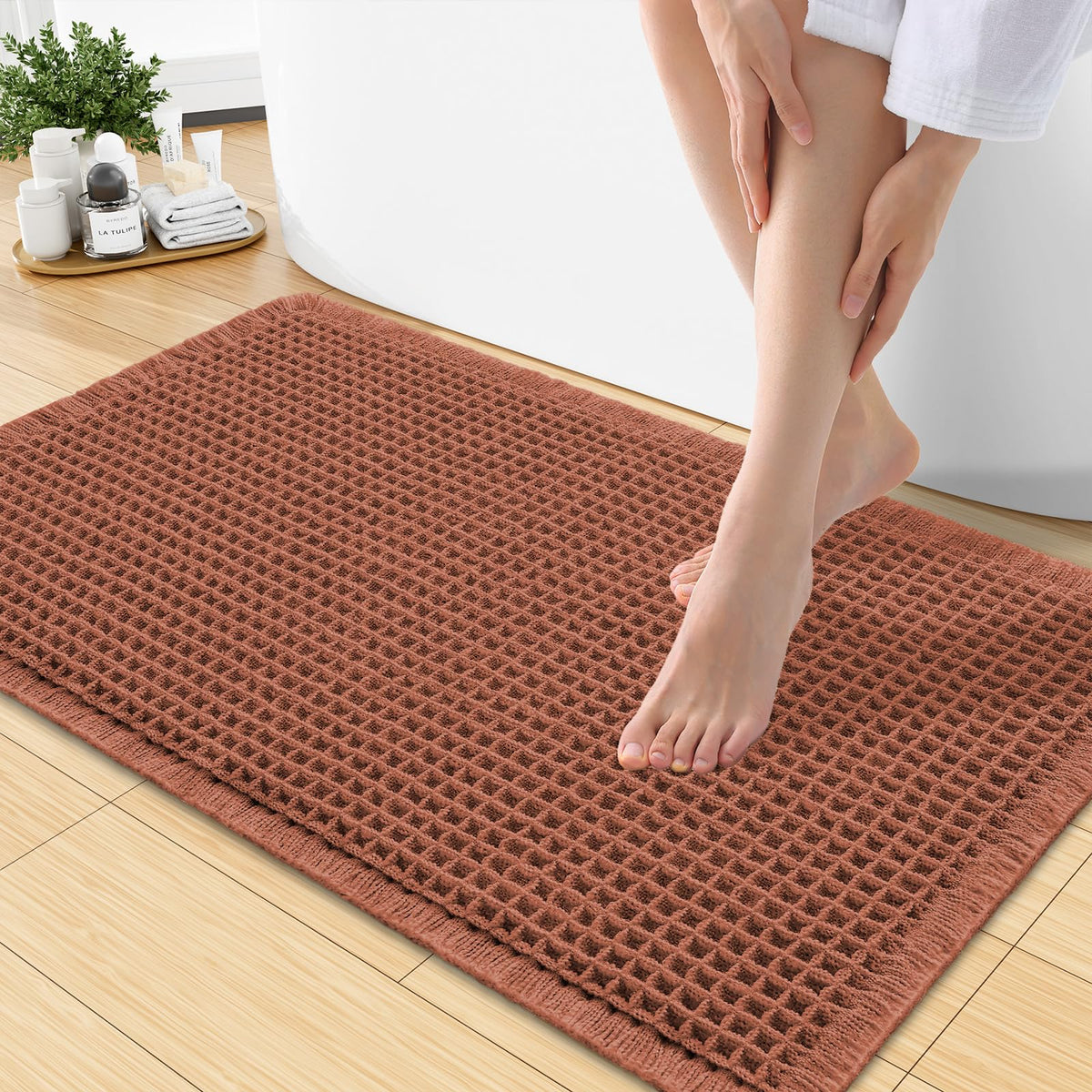 Smiry Waffle Bath Mat 30X20, Extra Soft Absorbent Bathroom Rugs, Brown