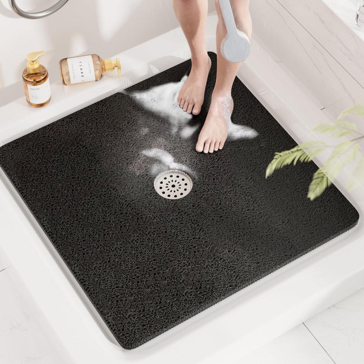 HITSLAM Square Shower Mat, 24 x 24 Inch Non Slip Bath Mat for Tub, Soft PVC Loofah Bathtub Mats with Drain Holes, Quick Drying Bathroom Stall Floor Mat, Bathroom Accessories Without Suction Cup, Grey
