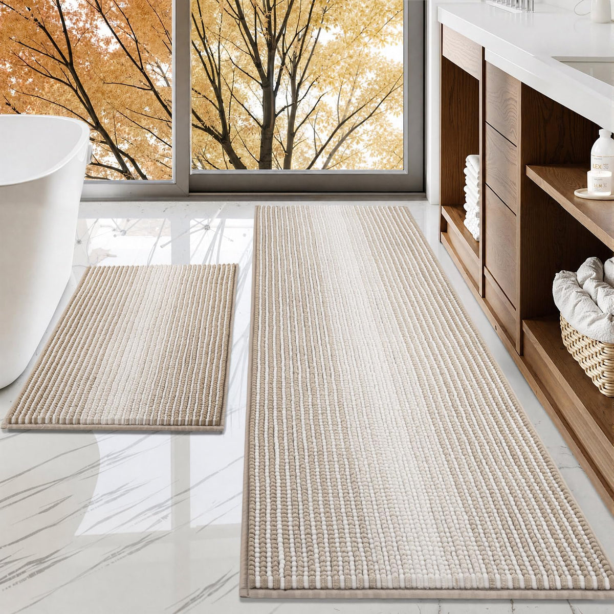 BSICPRO Bathroom Rugs Sets 2 Piece, Non Slip Boho Bath Mats, Beige