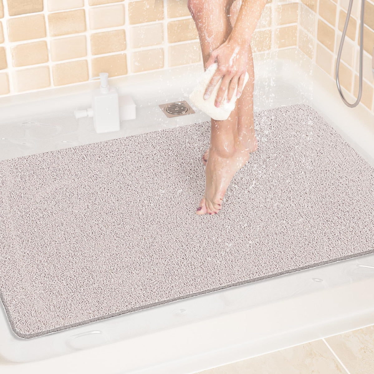 LuxStep Shower Mat Bathtub Mat,24x16 inch, Non-Slip Bath Mat with Drain, Quick Drying PVC Loofah Bathmat for Tub,Shower,Bathroom (Phthalate Free,Grey)