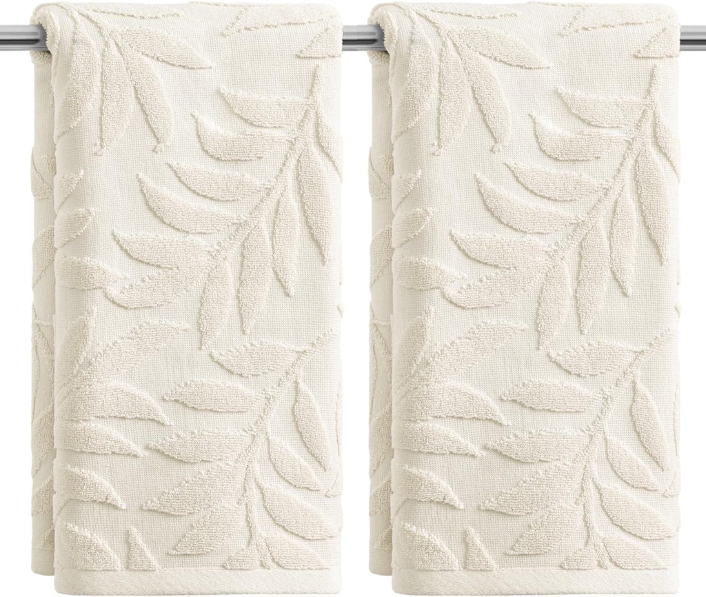 Artoid Mode 2 Pcs Beige 3D Leaves Jacquard Hand Towels for Bathroom, 100% Cotton Soft Absorbent Bathroom Decor Towels, 13.7 x 29.5 Inch