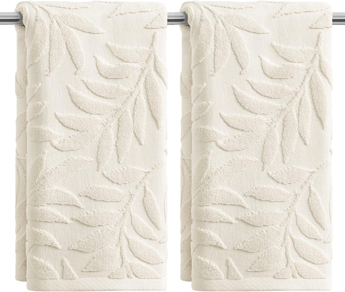 Artoid Mode 2 Pcs Beige 3D Leaves Jacquard Hand Towels for Bathroom, 100% Cotton Soft Absorbent Bathroom Decor Towels, 13.7 x 29.5 Inch