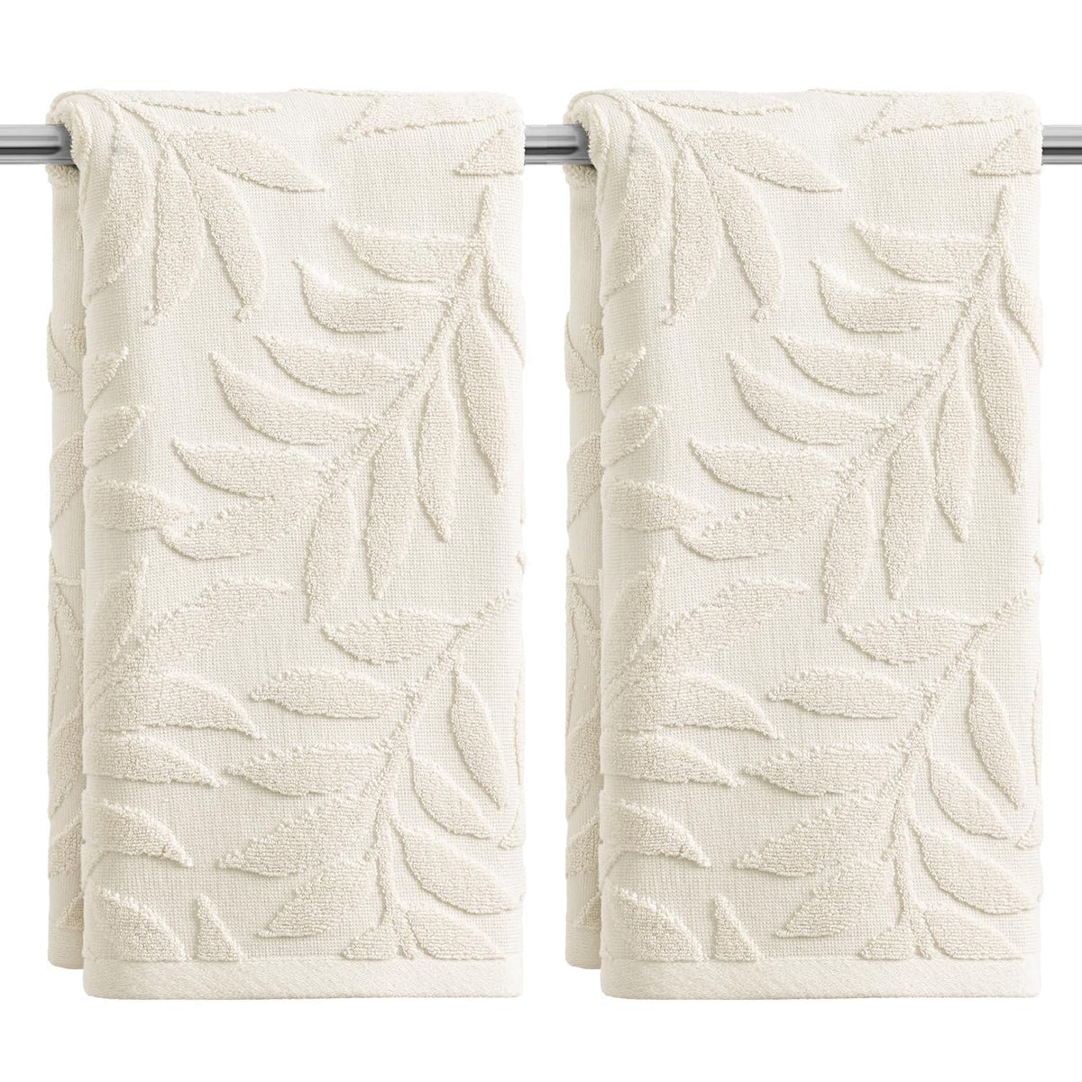 Artoid Mode 2 Pcs Beige 3D Leaves Jacquard Hand Towels for Bathroom, 100% Cotton Soft Absorbent Bathroom Decor Towels, 13.7 x 29.5 Inch