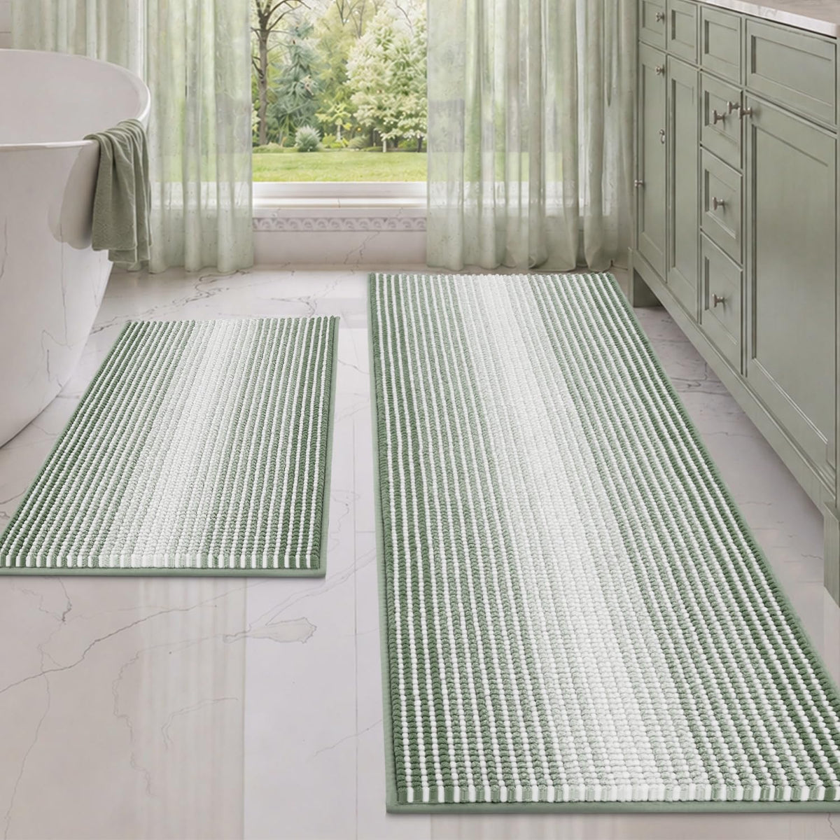 BSICPRO Bathroom Rugs Sets 2 Piece, Non Slip Striped Bath Mats, Aqua Green