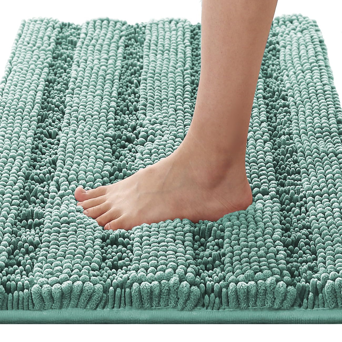 H.VERSAILTEX Sage Bathroom Rugs, Bath Mat Set of 2 Extra Thick Chenille Striped Pattern Shaggy Bath Rugs for Bath Room, Non Skid Bath Mats for Bathroom Floor (32 x 20 Plus 24 x 17 - Inches)