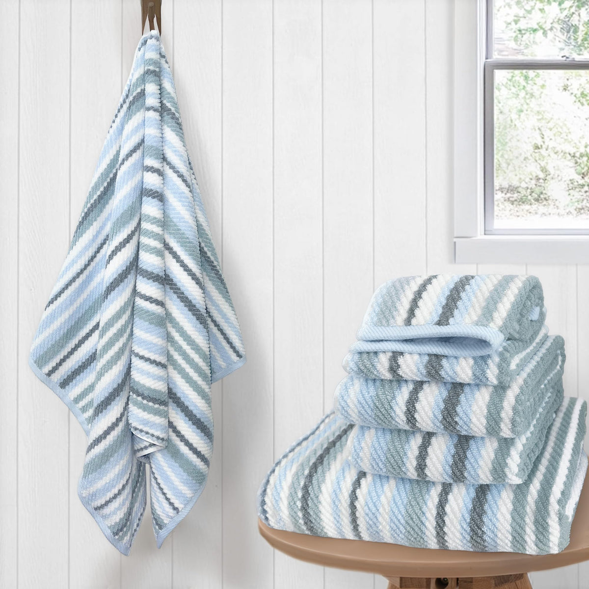 VOOVA & MOVAS Yellow Bathroom Towels 3 Pack, 100% Cotton, Gray Striped