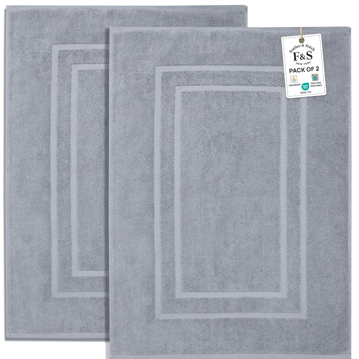 Feather & Stitch 100% Cotton Bath Mats 2 Piece 30x21 Inches, Granite Green