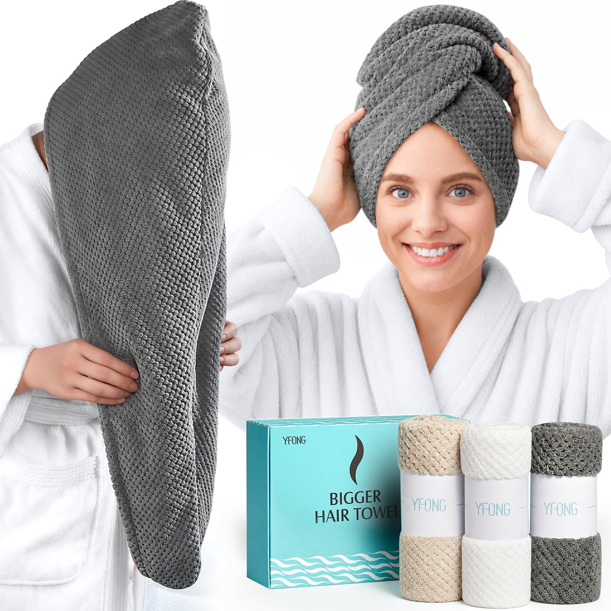 YFONG 3 Pack Large Microfiber Hair Towel Wrap for Women Long Hair, 30 x 10