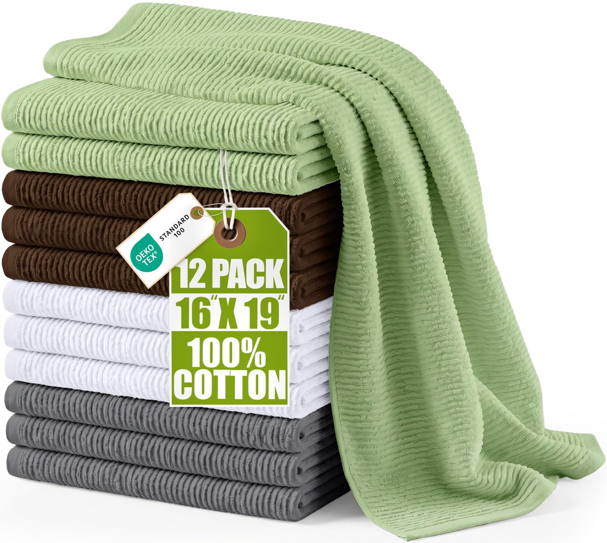 Utopia Towels Ribbed Kitchen Bar Mops, 12 Pack, 16x19 in, Cotton, White