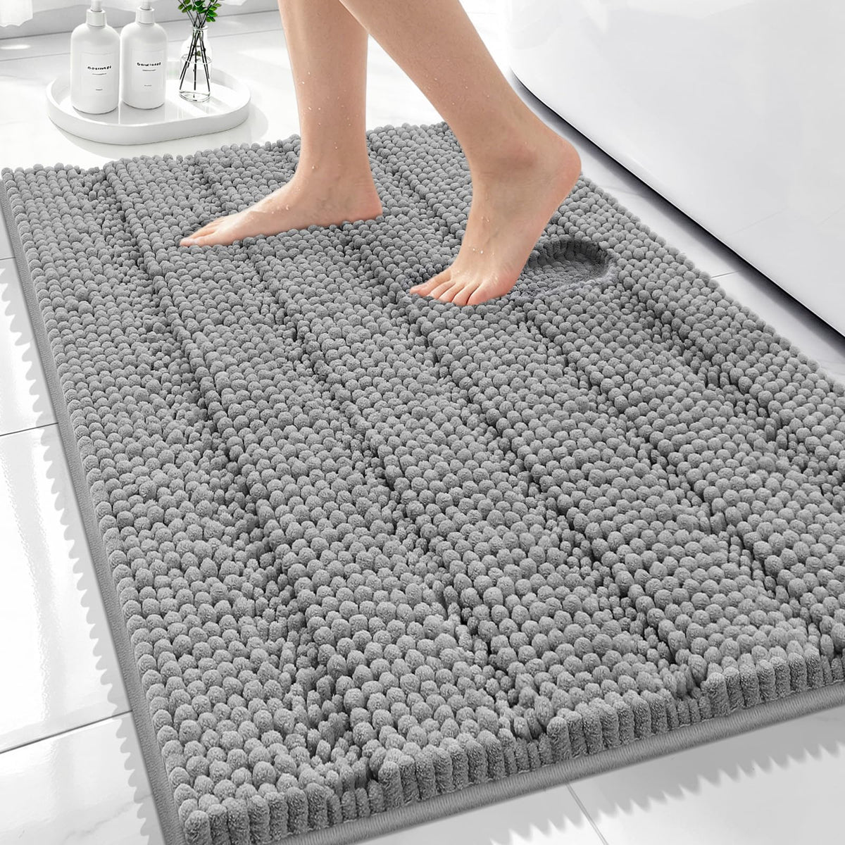 Bcoimo Small Bath Rug Mat,24x17 Chenille Non Slip Black Bathroom Floor Mats