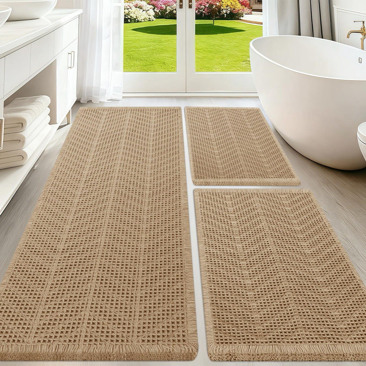 Upgraded Waffle Bath Mat Set 3 Piece Black-Looped, Super Absorbent Non-Slip Quick Dry Bathroom Rugs with Tassels, Machine Washable Ultra Soft Boho Bath Rugs for Floor, Toilet Mats Boho Farmhouse Decor