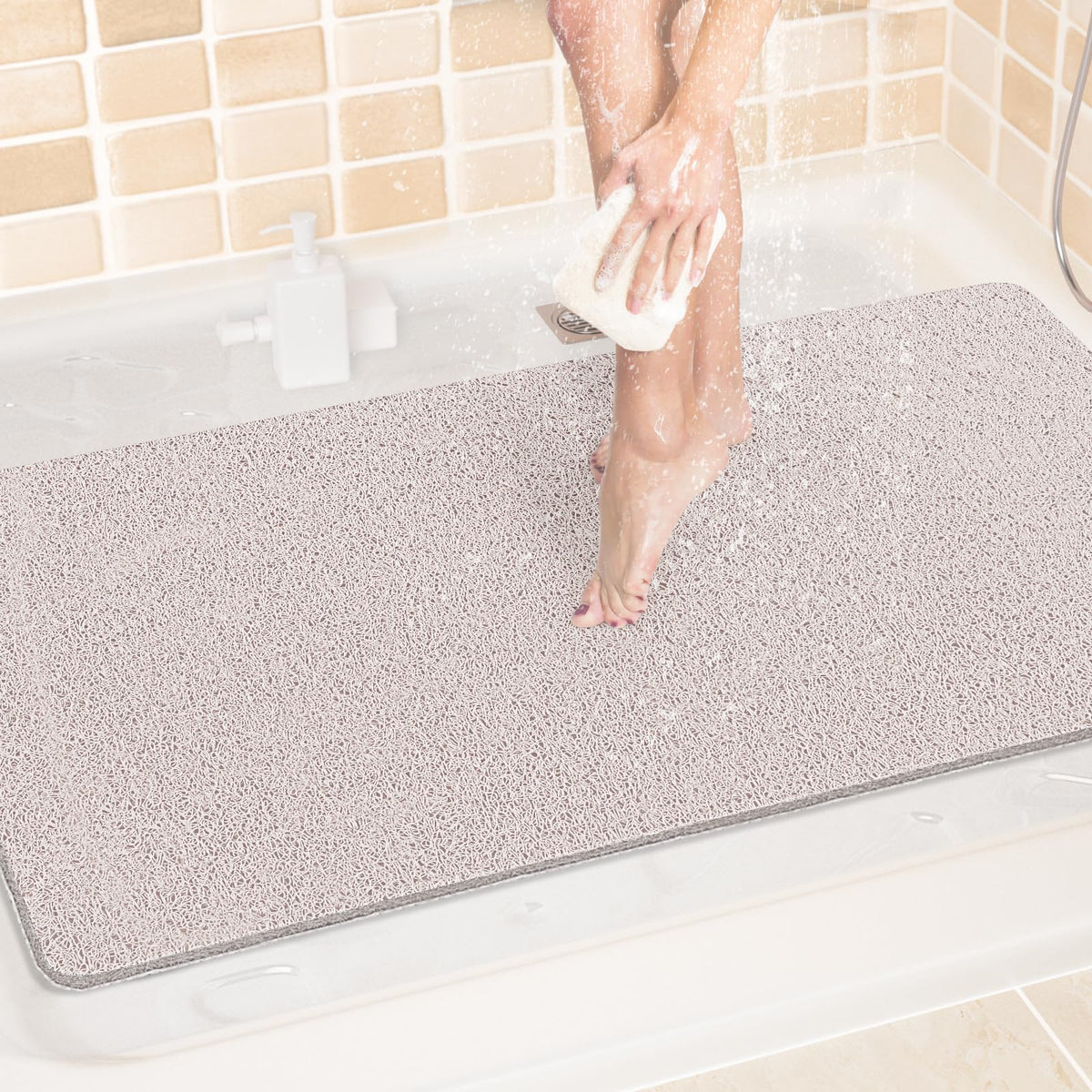 LuxStep Shower Mat Bathtub Mat,24x16 inch, Non-Slip Bath Mat with Drain, Quick Drying PVC Loofah Bathmat for Tub,Shower,Bathroom (Phthalate Free,Grey)