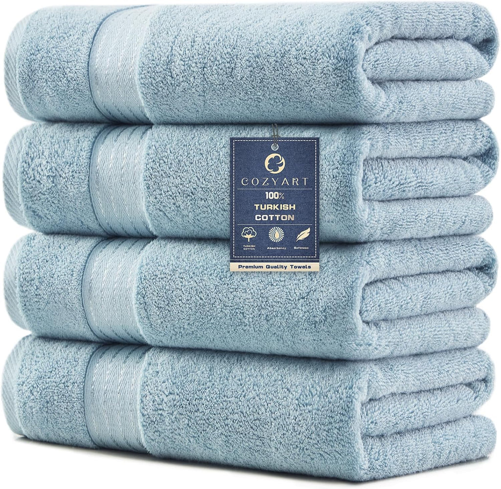 COZYART Luxury Bath Towels 4 PCS, 27x54 650 GSM Turkish Cotton, Light Blue
