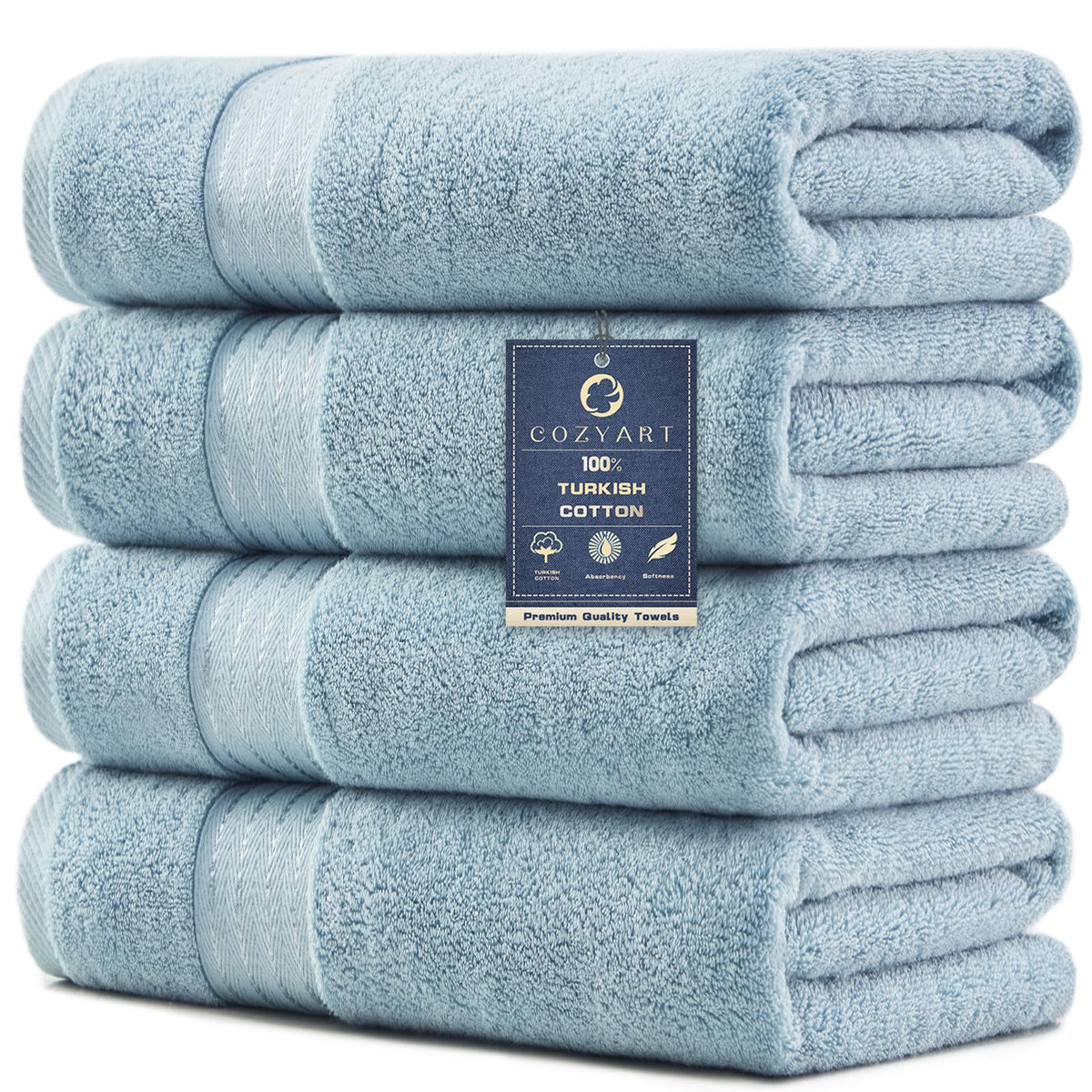 COZYART Luxury Bath Towels 4 PCS, 27x54 650 GSM Turkish Cotton, Light Blue