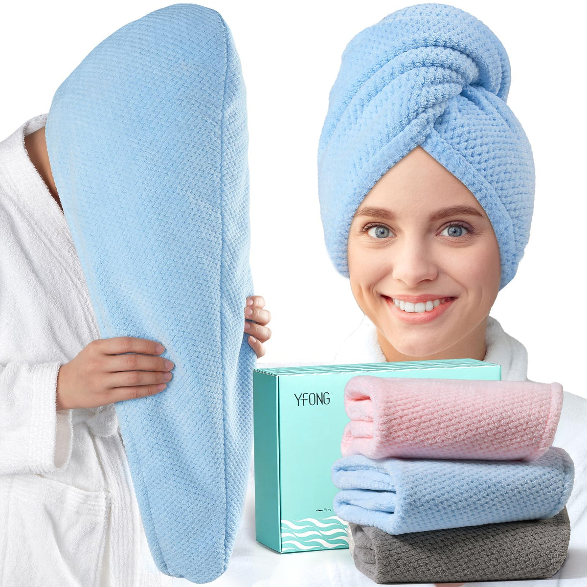 YFONG 3 Pack Large Microfiber Hair Towel Wrap for Women Long Hair, 30 x 10
