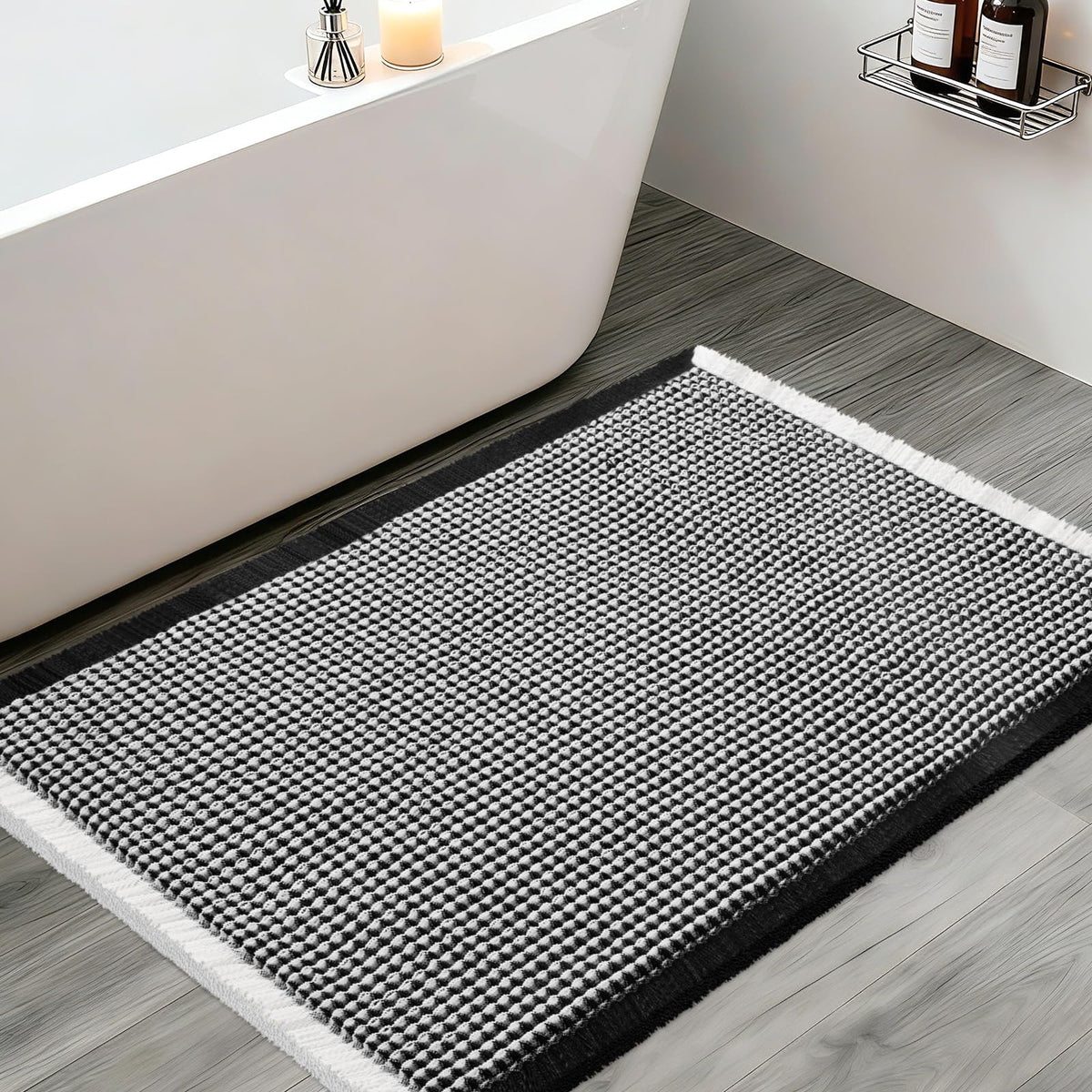 Upgraded Waffle Bath Mat Set 3 Piece Black-Looped, Super Absorbent Non-Slip Quick Dry Bathroom Rugs with Tassels, Machine Washable Ultra Soft Boho Bath Rugs for Floor, Toilet Mats Boho Farmhouse Decor