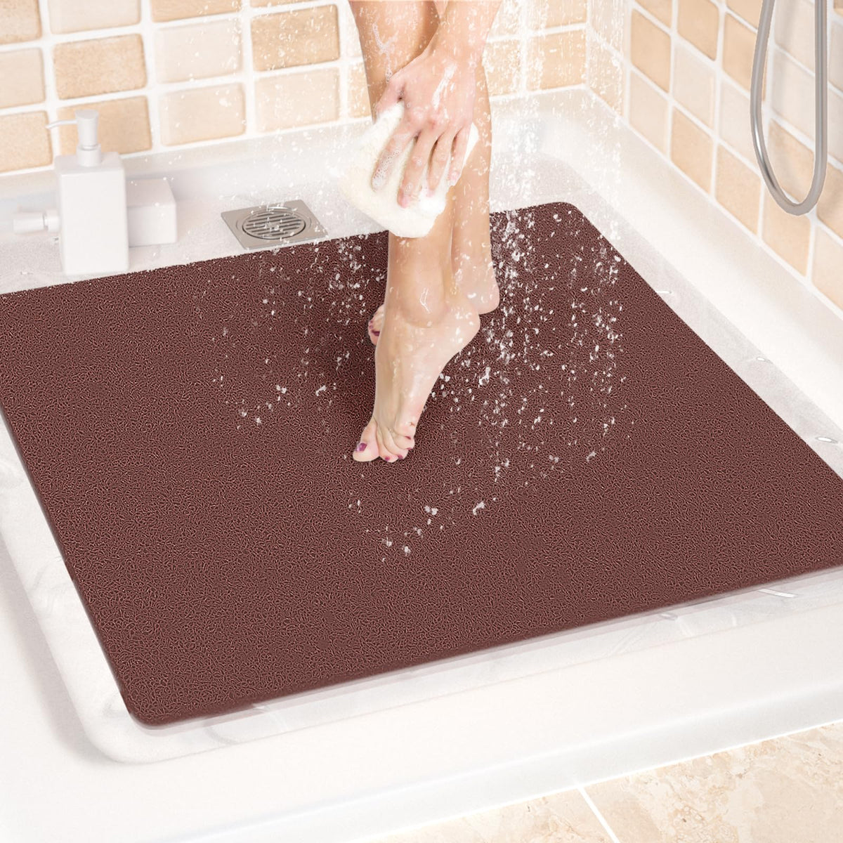 LuxStep Shower Mat Bathtub Mat,24x16 inch, Non-Slip Bath Mat with Drain, Quick Drying PVC Loofah Bathmat for Tub,Shower,Bathroom (Phthalate Free,Grey)