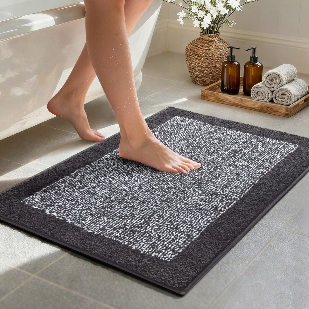 Long 2x4 Ft (48''x24'') Bathroom Rugs, Non Slip Washable Bath Mat Grey
