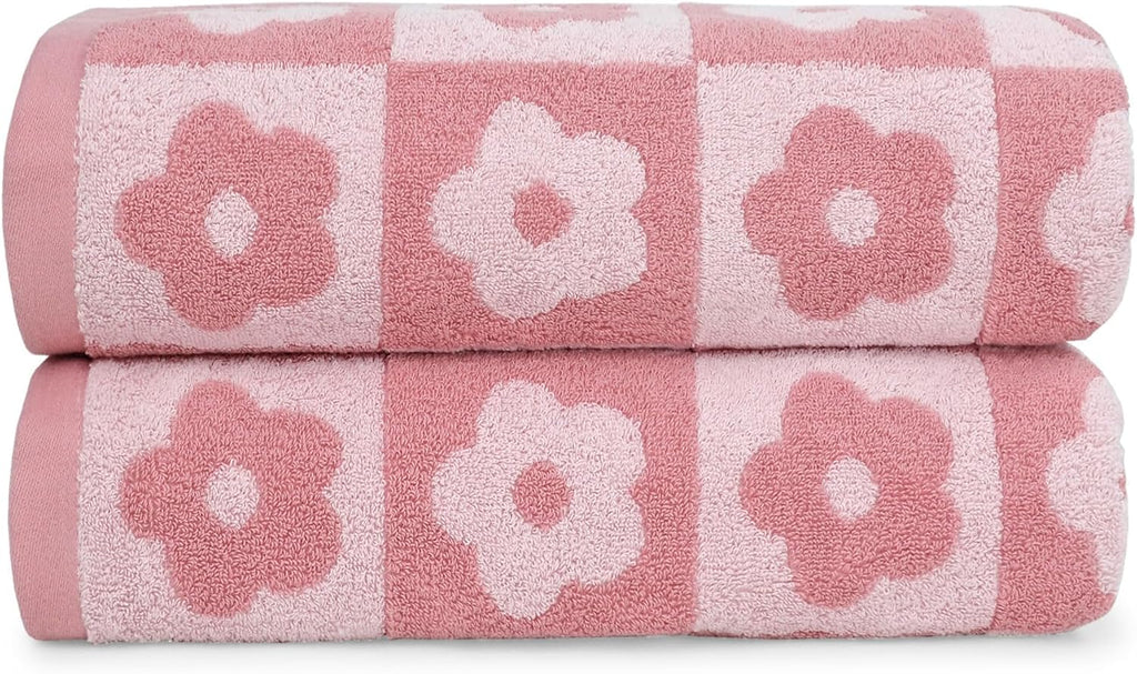 2-Pieces Luxury Bath Towels Checkered Floral, Pink Towels for Women Girls