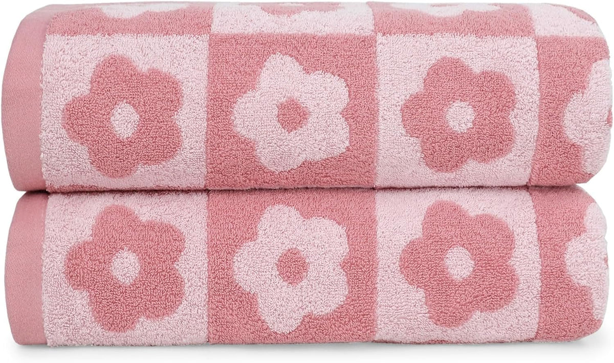 2-Pieces Luxury Bath Towels Checkered Floral, Pink Towels for Women Girls
