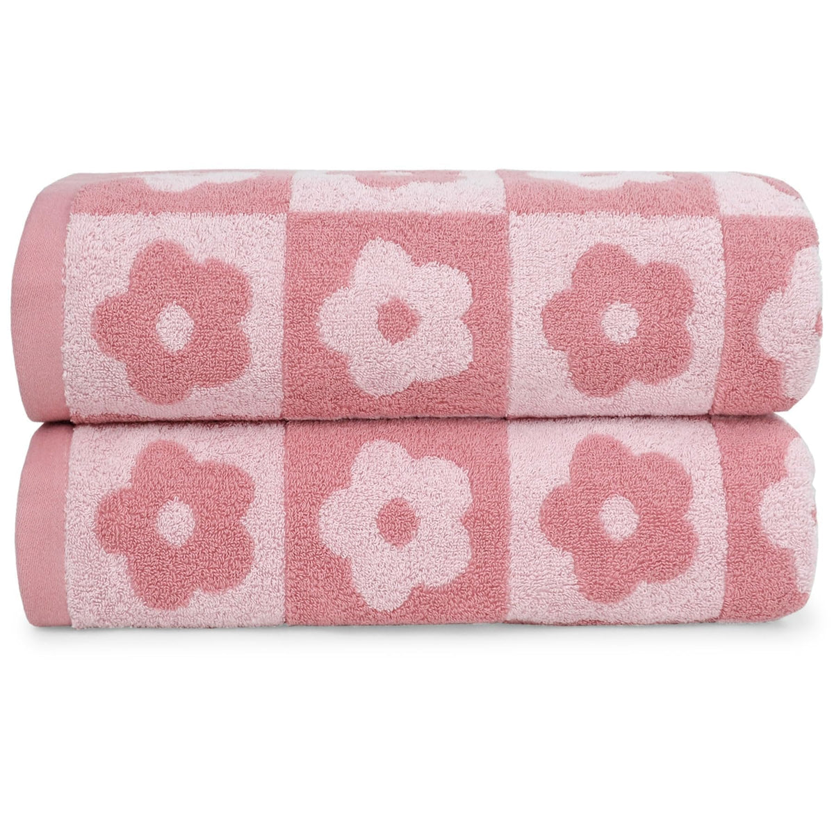 2-Pieces Luxury Bath Towels Checkered Floral, Pink Towels for Women Girls