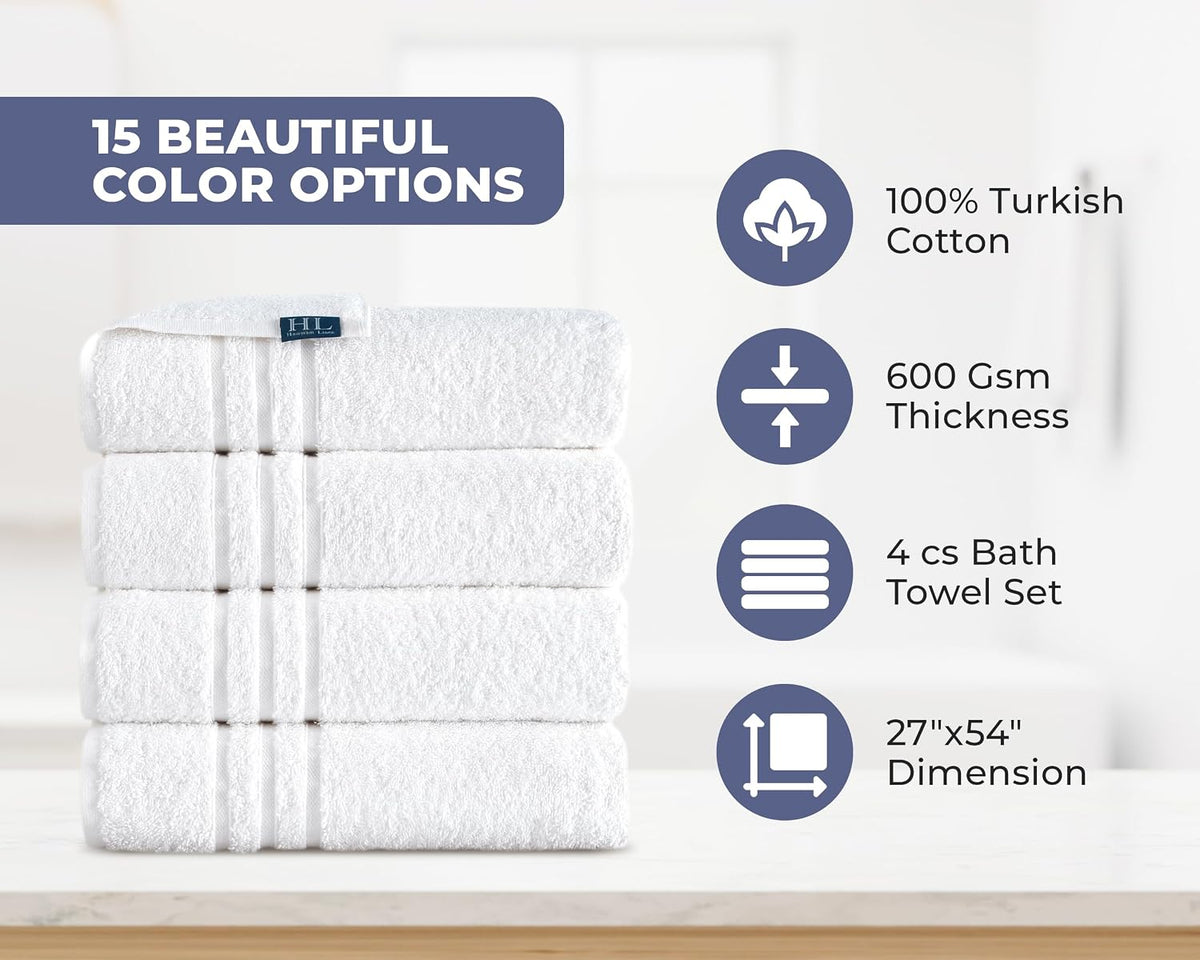 Hawmam Linen White Bath Towels 4 Pack 27 x 54 Inches 100% Turkish Cotton Soft Lightweight and Highly Absorbent Quick Drying Towels, Premium Quality Perfect for Daily Use
