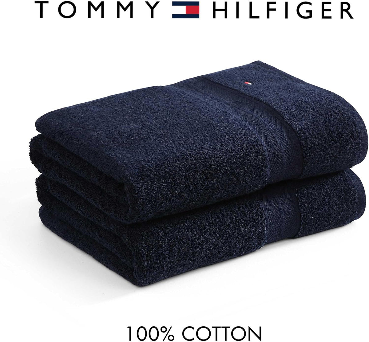 Tommy Hilfiger - Bath Towel Set, Absorbent Cotton Terry with Zero Twist, Medium Weight, Oeko-Tex Certified (Modern American Dark Blue, 2 Piece)