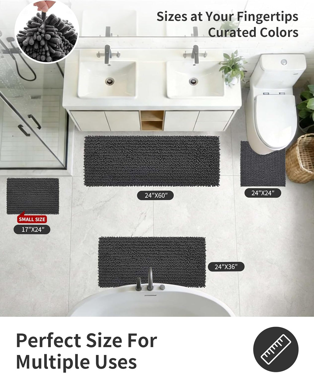 ILANGO Bathroom Rugs Dark Grey 32x20,Extra Soft Absorbent Chenille Bath Rugs,Thick Non-Slip Shaggy Bath Mat,Machine Washable Quick Dry Bath Mats for Bathroom Floor, Tub, Shower Accessories