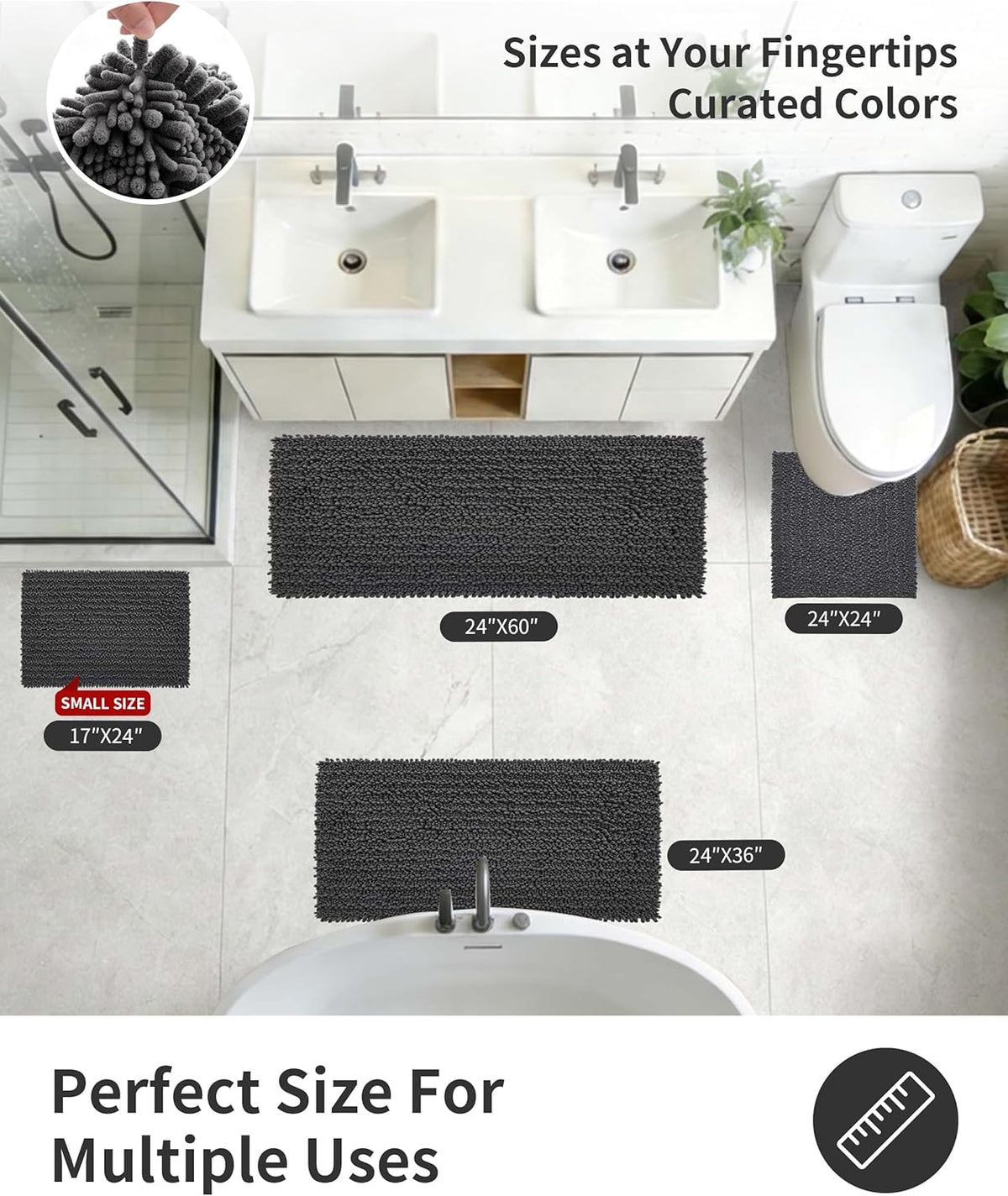 ILANGO Bathroom Rugs Dark Grey 32x20,Extra Soft Absorbent Chenille Bath Rugs,Thick Non-Slip Shaggy Bath Mat,Machine Washable Quick Dry Bath Mats for Bathroom Floor, Tub, Shower Accessories