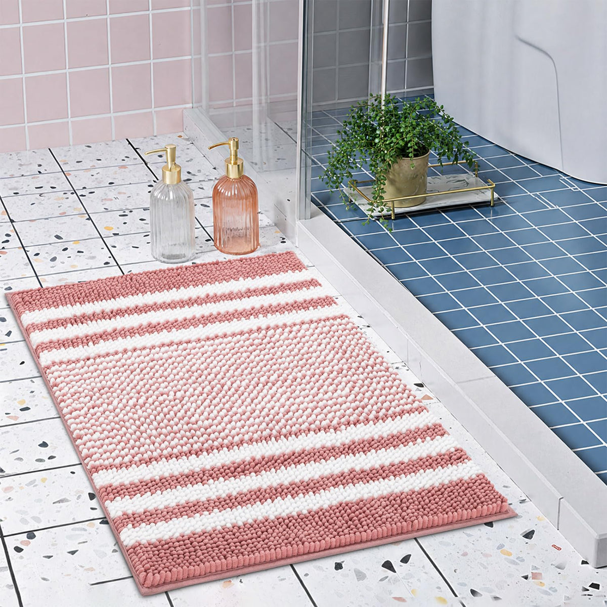 BSICPRO Bathroom Rugs Sets 2 Piece, Non Slip Striped Bath Mats, Aqua Green