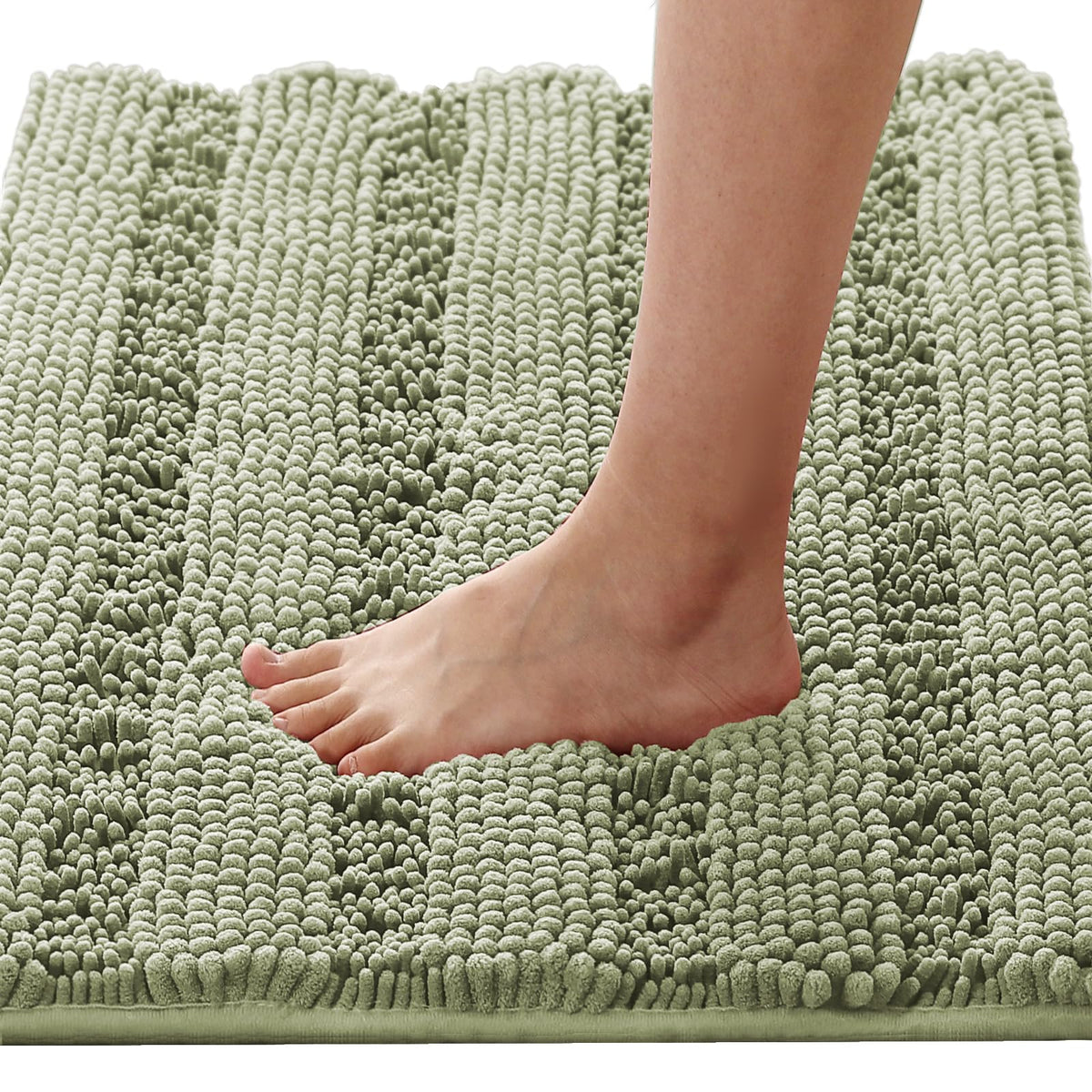 H.VERSAILTEX Sage Bathroom Rugs, Bath Mat Set of 2 Extra Thick Chenille Striped Pattern Shaggy Bath Rugs for Bath Room, Non Skid Bath Mats for Bathroom Floor (32 x 20 Plus 24 x 17 - Inches)