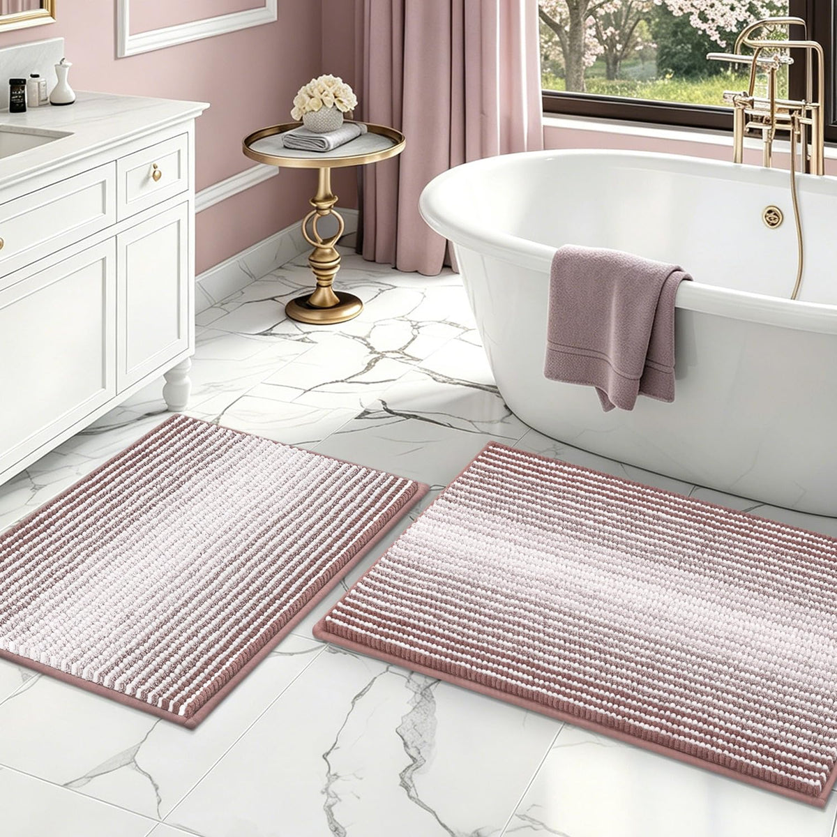 BSICPRO Bathroom Rugs Sets 2 Piece, Non Slip Striped Bath Mats, Aqua Green