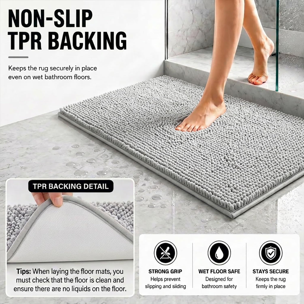 Bathroom Rugs Sets 2 Piece,Super Absorbent Soft,Thick,Machine Washable Chenille Bath Mat,Non Slip Toilet Floor Rug,Bath Mats for Bathroom,20x32 Plus 20x20 U Shape,Light Grey