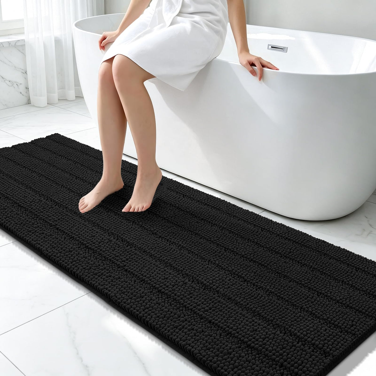 Bcoimo Small Bath Rug Mat,24x17 Chenille Non Slip Black Bathroom Floor Mats