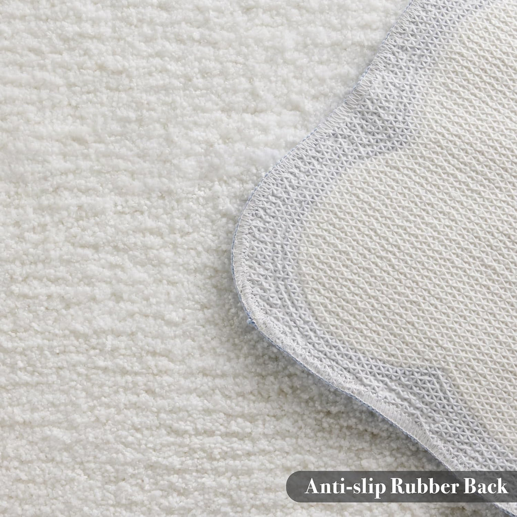 Luxury Microfiber Bathroom Rugs, White Bath Rug with Blue Scalloped Piping Cute Aesthetic Preppy Bath Mat for Bathroom, Tub, Floor Carpet, Sink, Shower, Anti Slip, Absorbent, 32x20