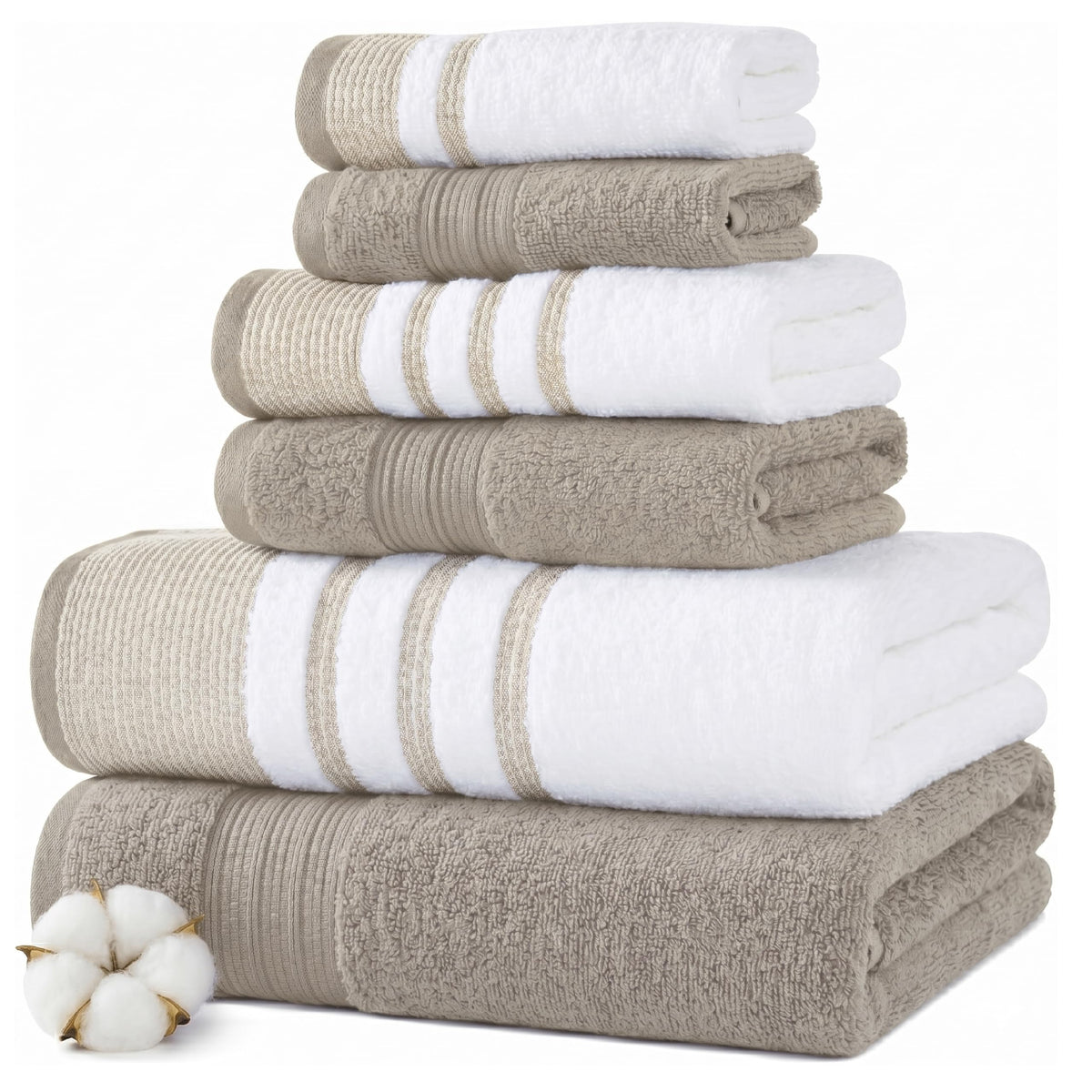 Modern Threads 6 Piece Bath Towel Set – Bathroom Towel Set with 2 Bath Towels, 2 Hand Towels & 2 Washcloths – 100% Cotton, Soft & Absorbent – Jacquard Border (Gray)