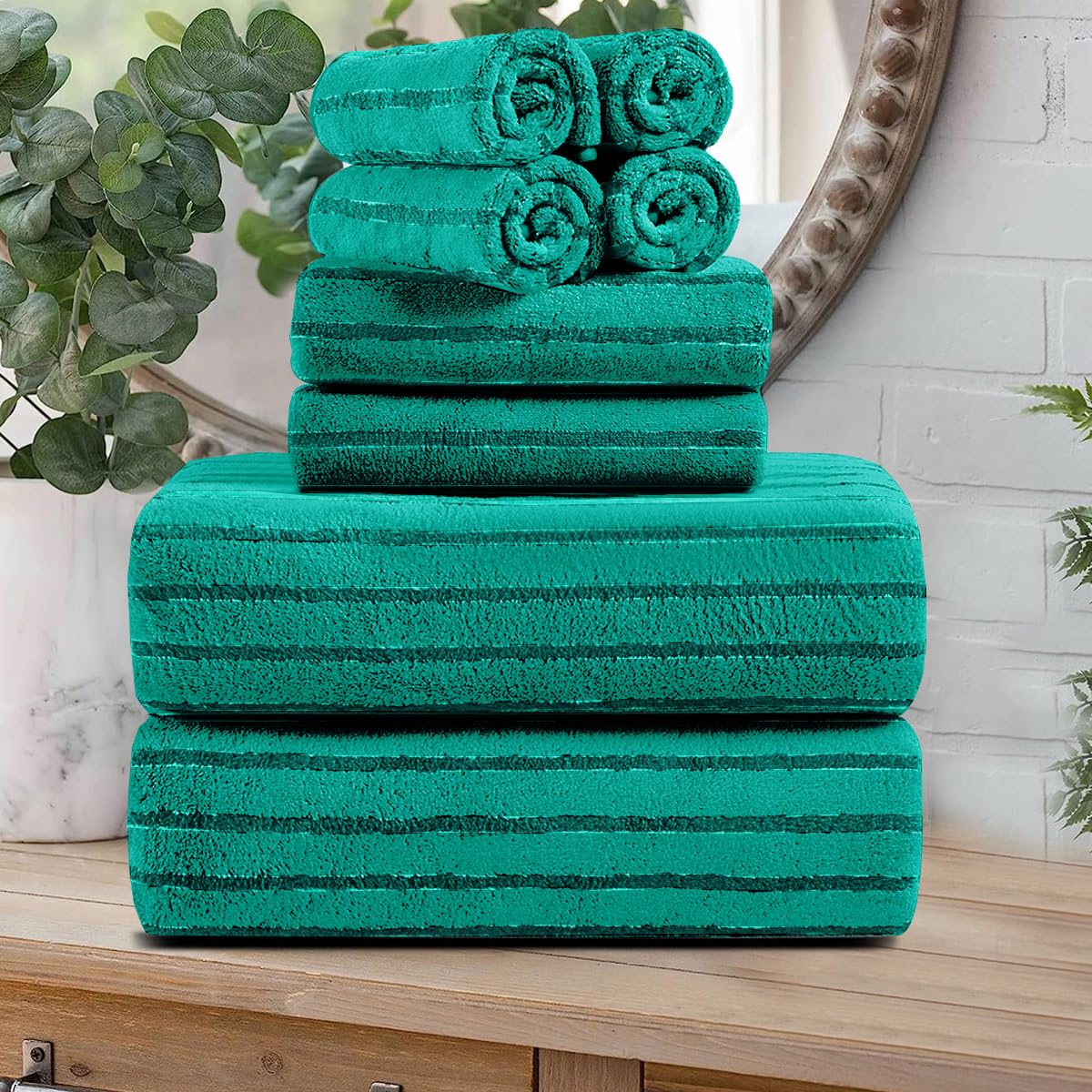 8 Pcs Brown Cabana Stripe Large Bath Towel Set-2 Bathroom Towels,2 Hand Towels,4 Washcloths Lightweight Soft Microfiber Bath Sheet Absorbent Shower Towel Quick Dry Beach Chair Spa Gym Hotel Towels