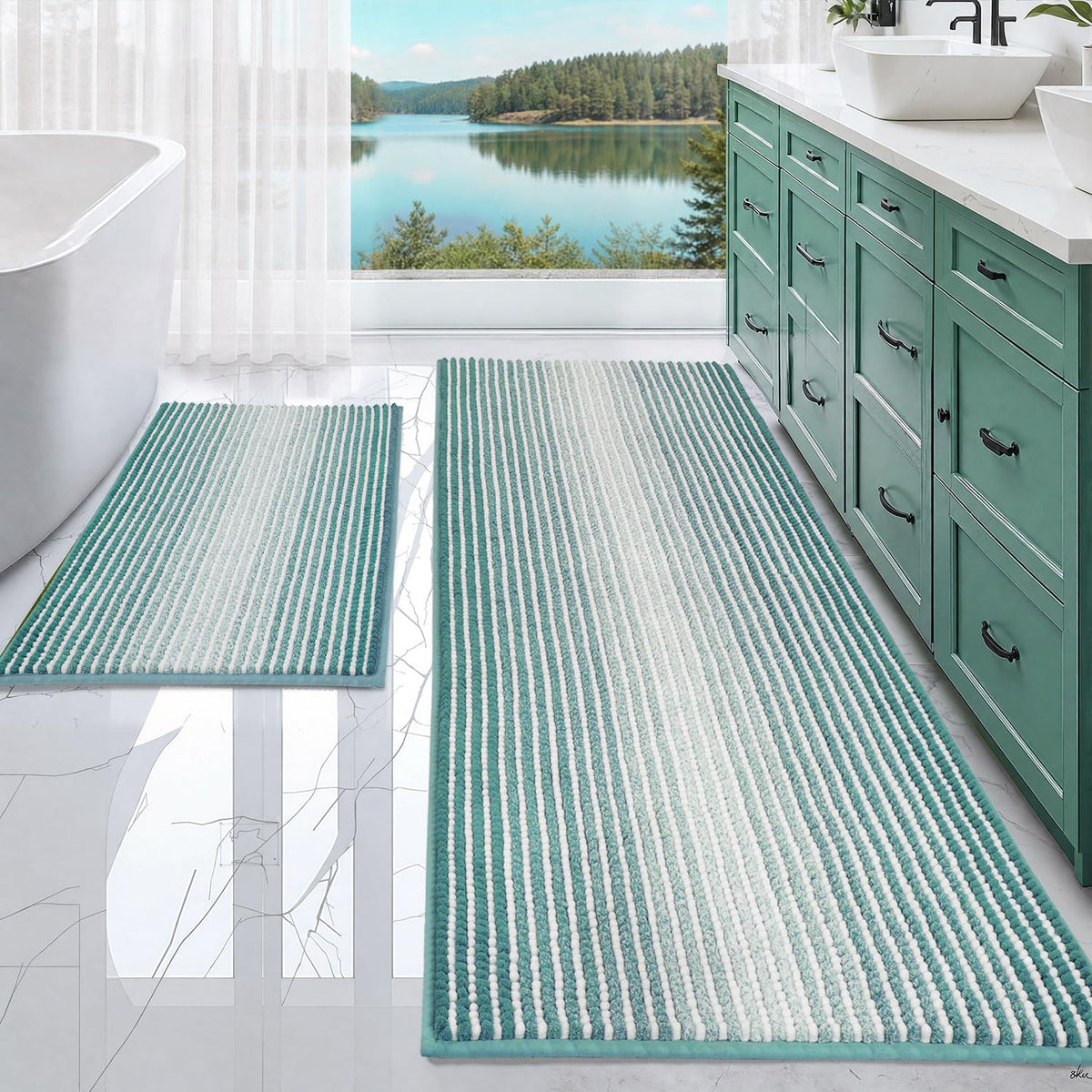 BSICPRO Bathroom Rugs Sets 2 Piece, Non Slip Boho Bath Mats, Beige